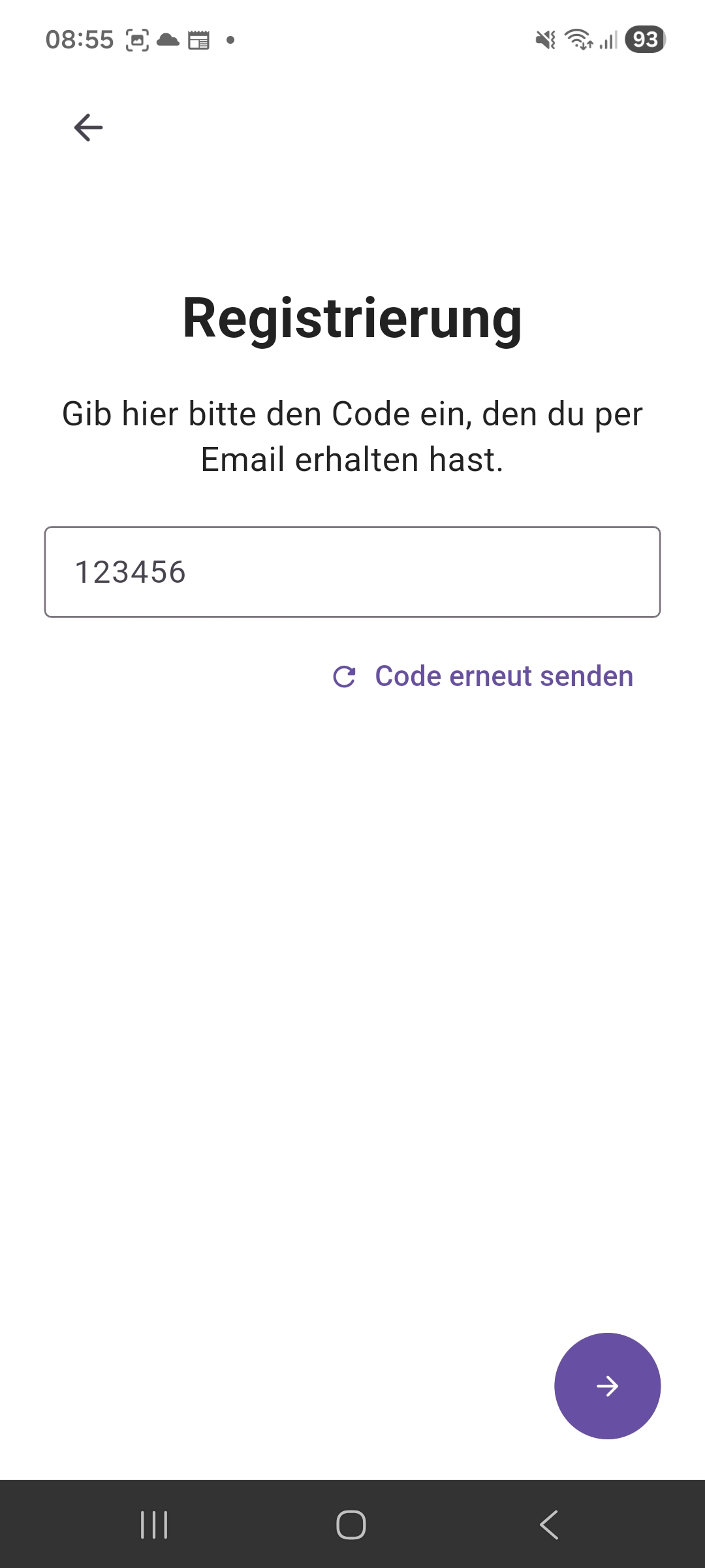 Registrierungscode eingeben
