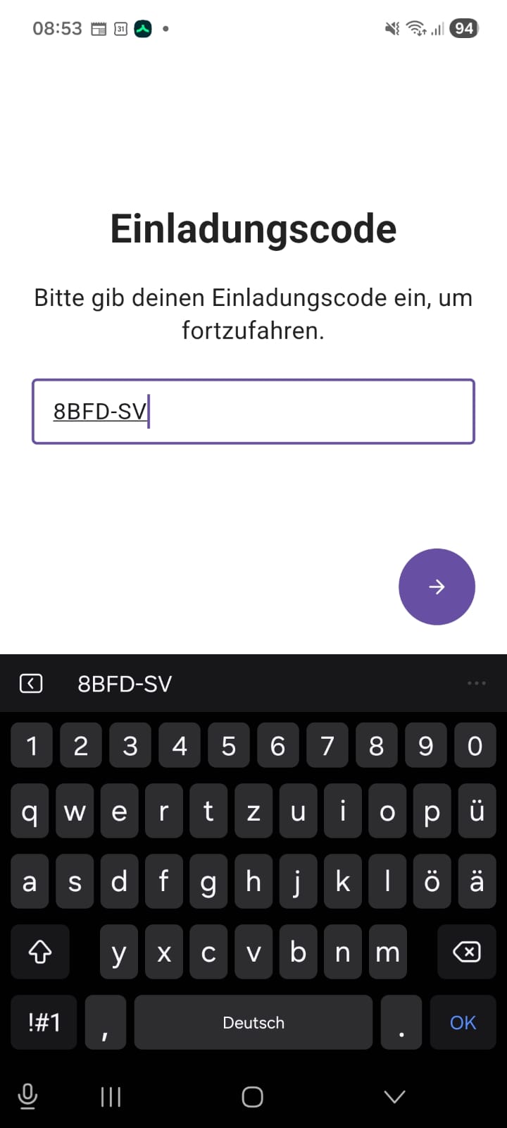 Einladungscode eingeben